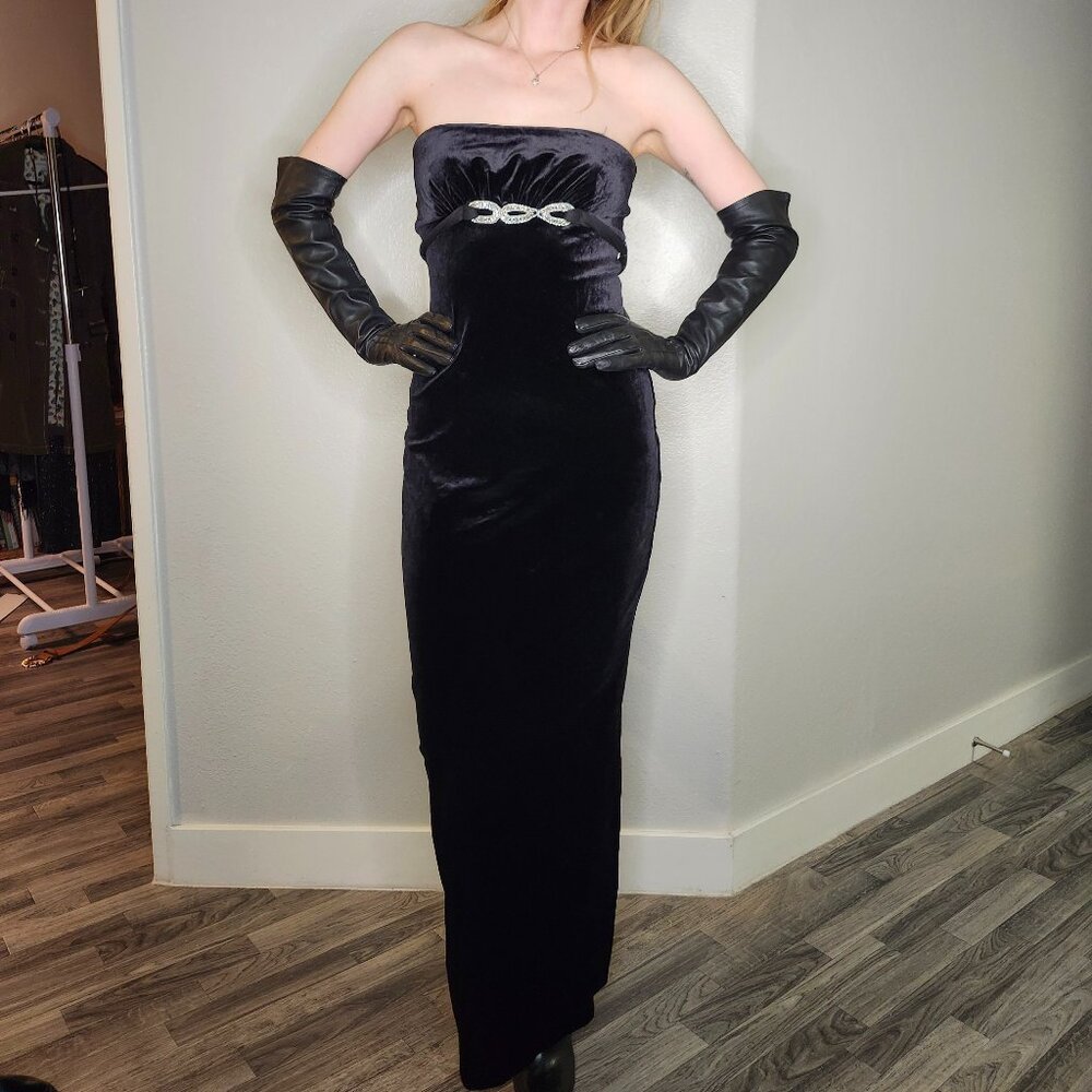 Vintage old Hollywood Black Velvet Strapless Long gown dress size Small